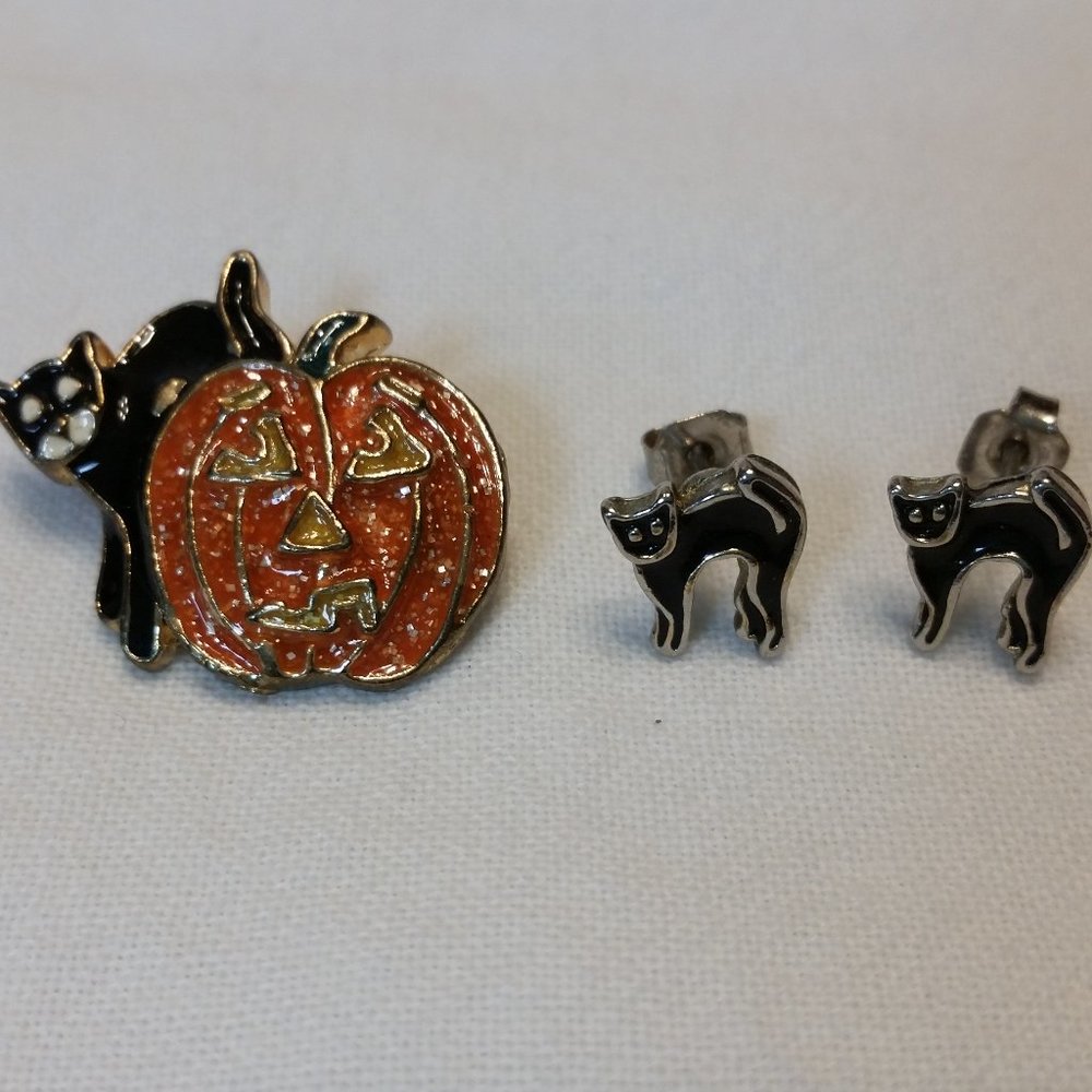Halloween Cat Pin & Earring Set
